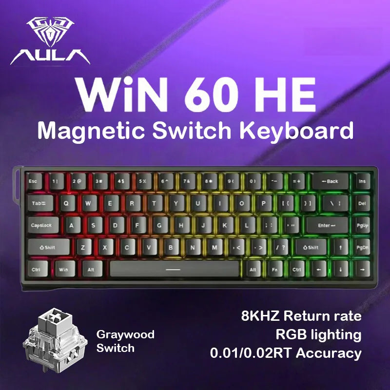 AULA WIN60HE Wired Hall Effect Magnetic Keyboard 60 Keys Hot Swap 0.01mm RT 8000Hz RGB Esports Custom Gaming Keyboard
