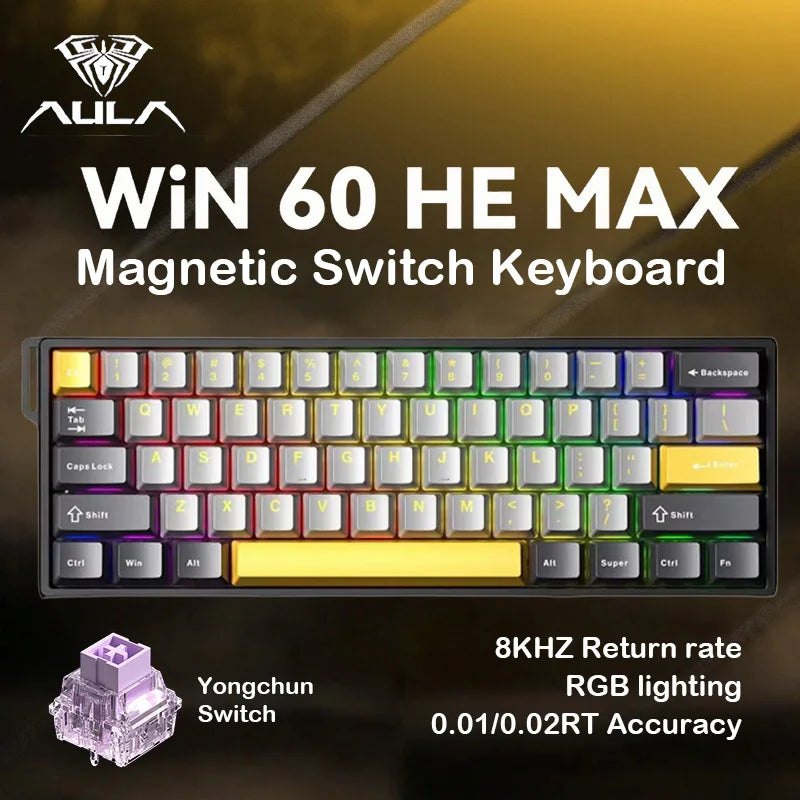 AULA WIN60HE Wired Hall Effect Magnetic Keyboard 60 Keys Hot Swap 0.01mm RT 8000Hz RGB Esports Custom Gaming Keyboard