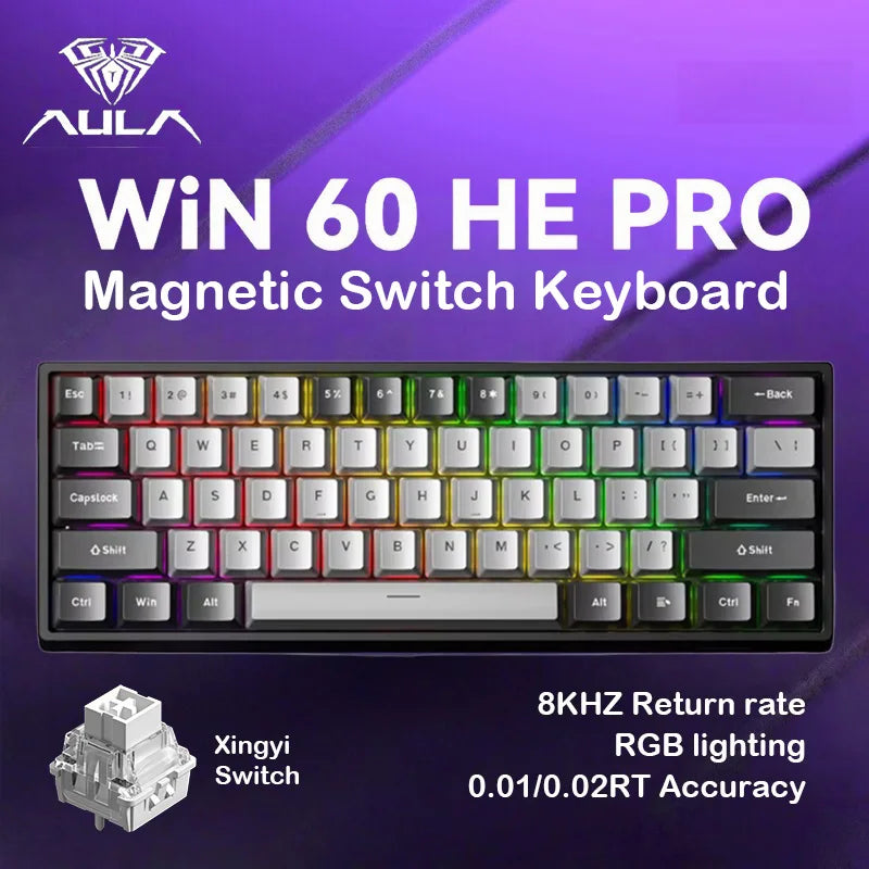 AULA WIN60HE Wired Hall Effect Magnetic Keyboard 60 Keys Hot Swap 0.01mm RT 8000Hz RGB Esports Custom Gaming Keyboard