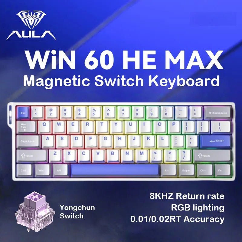 AULA WIN60HE Wired Hall Effect Magnetic Keyboard 60 Keys Hot Swap 0.01mm RT 8000Hz RGB Esports Custom Gaming Keyboard