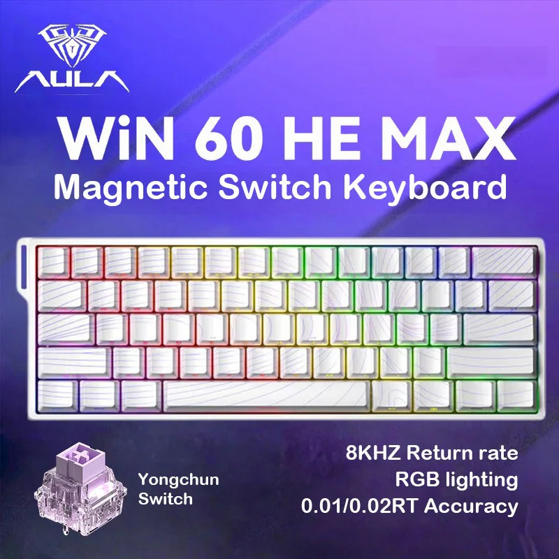 AULA WIN60HE Wired Hall Effect Magnetic Keyboard 60 Keys Hot Swap 0.01mm RT 8000Hz RGB Esports Custom Gaming Keyboard