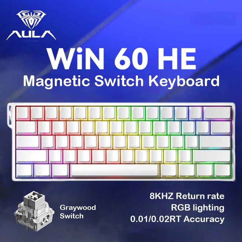 AULA WIN60HE Wired Hall Effect Magnetic Keyboard 60 Keys Hot Swap 0.01mm RT 8000Hz RGB Esports Custom Gaming Keyboard